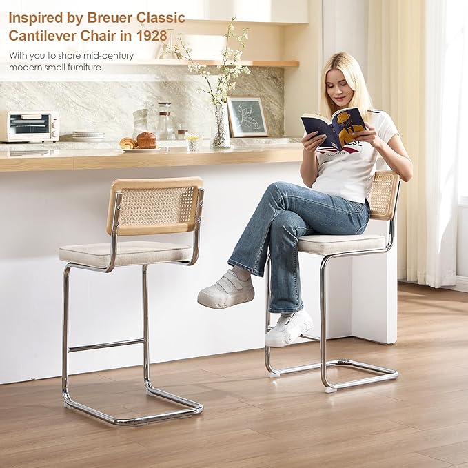 Zesthouse Natural Rattan Counter Stools Set of 4, 26'' Modern Counter Height Barstools, Thin Linen Bar Stools with Solid Wood Back, Mid Century Cantilever Bar Chairs for Kitchen Island, Beige Grayish