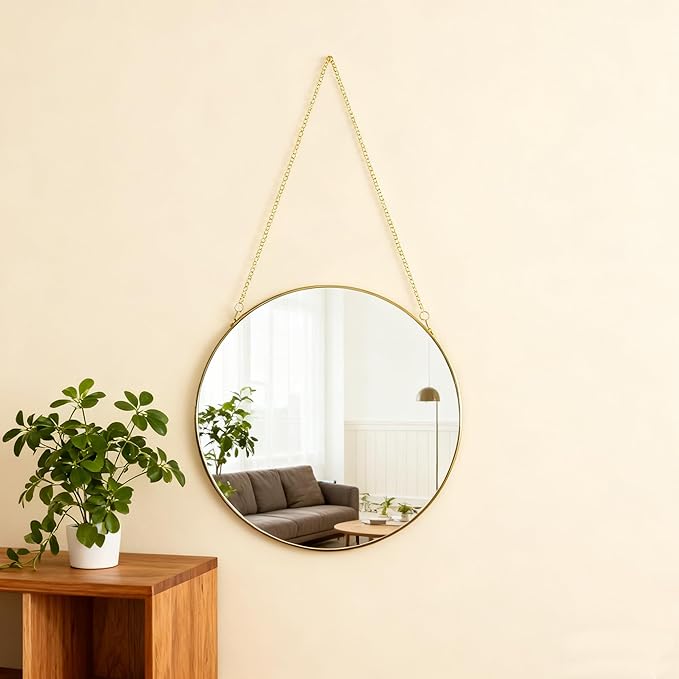 11.8-inch Modern Round Wall Mirror with Metal Frame and Hanging Chain, Suitable for Entryway, Hallway, or Bathroom Small Gold Metal Frame Mirror (Gold, 11.8 inch)