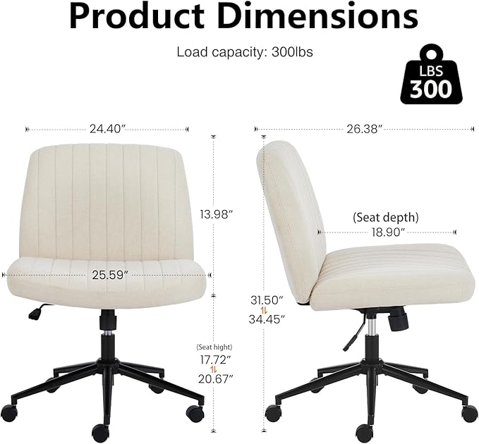 DUMOS Criss Cross Chair with Wheels, Wide Cross Legged Office Desk Vanity Chairs, Fabric Armless Adjustable Swivel Chairs for Home Computer Task, Beige
