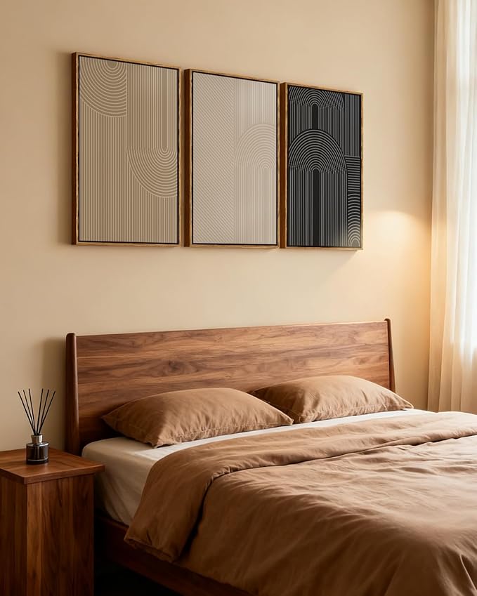 Modern Geometric Line Wall Art Set of 3 Neutral Abstract Canvas Prints, Large 16x24 3 Piece Black Beige Taupe Contemporary Home Artwork, Minimalist Mid Century Living Room Bedroom Office Decor