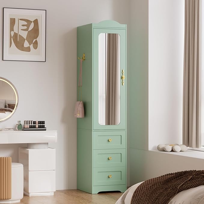 Armoire Wardrobe Closet, 69.5" H Wood Bedroom Armoires Cabinet with Mirror Door and 3 Drawers, Green Clothing Storage Cabinet with Hanging Rod & Sensor Light for Bedroom-Right