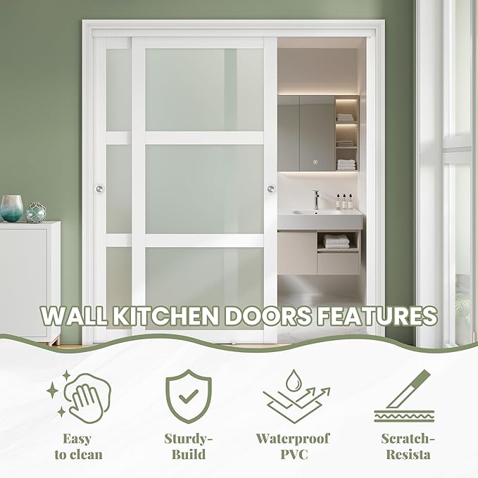SMARTSTANDARD Sliding Closet Door 72x80(Double 37") Inch, Bypass Frosted Glass 3-Lite,Hardware Kit with Handles Included,Easy to Assemble MDF Door for Bedroom with Scratch-Resistant PVC, White