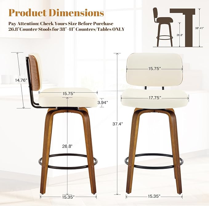 Counter Height Bar Stools Set of 1, 26+inch Swivel Faux Leather Barstool with Back, Upholstered Mid-Century Modern Bar Chairs with Bent Wood Legs for Kitchen Counter, Dining Room, Cream White