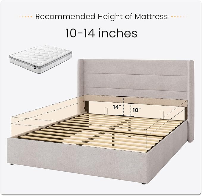 SHA CERLIN Full Size Lift Up Storage Bed/Modern Wingback Headboard/Upholstered Platform Bed Frame/Hydraulic Storage/No Box Spring Needed/Wood Slats Support/Light Beige