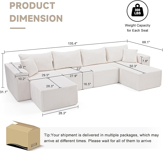 Weture 135.4" Cloud Couch Sectional, Modular Sectional Sofa with Deep Seat, Plush Corduroy U Shaped Boneless Couch, Convertible Sectional Couches for Living Room, 6Seat, Beige