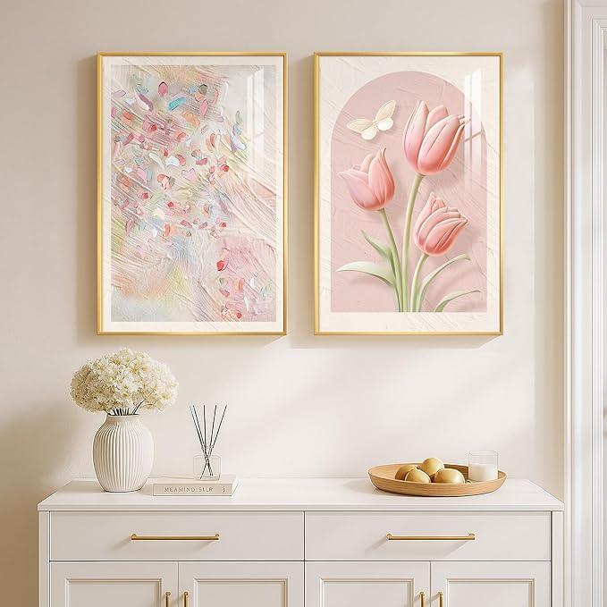 Framed Boho Floral Pink Wall Art for Bedroom, Set of 2 Tulip Flower Abstract Canvas Artwork for Walls, Modern Romantic Botanical Paintings Prints for Living Room Office Hallway Wall Decor, 20x30 Inch