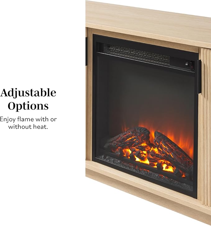 Walker Edison Arundo Reeded TV Stand with Fireplace & Storage, 70" Fireplace, Coastal Oak