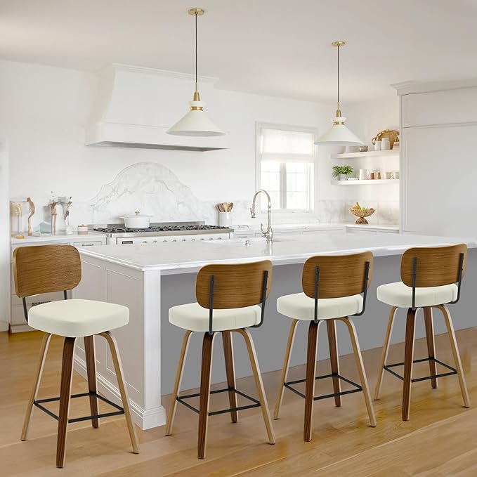 Bekrvio Swivel Counter Height Bar Stools Set of 4, Mid-Century Modern Upholstered Faux Leather Barstools with Wood Back, 26" Seat Height Bar Stools for Kitchen Island, Cream Seat and Walnut Frame