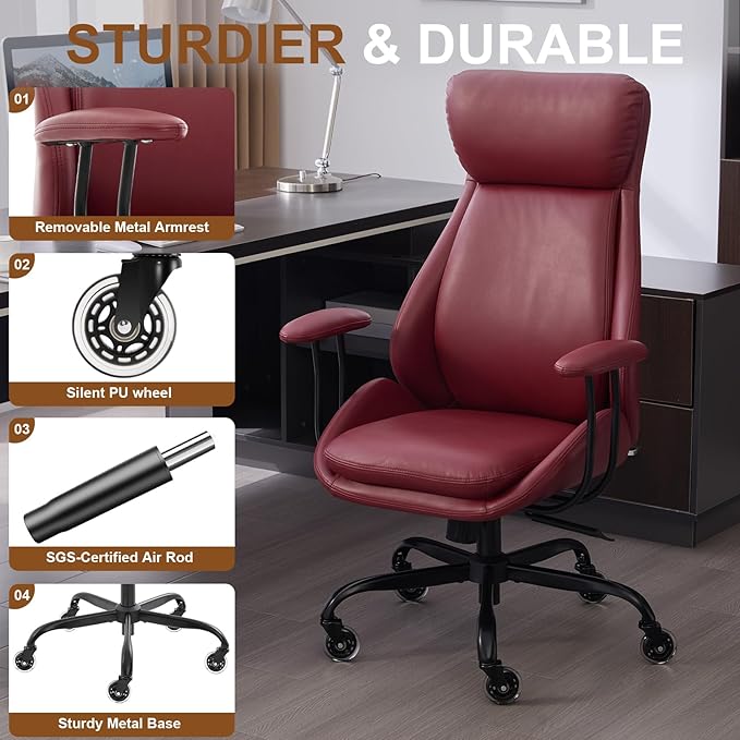 E-Motie Office Chair, Leather Desk Chair with Rubber Wheels, Ergonomic Computer Chair 500 LBS with Lumbar Support, High Back Executive Chair for Modern Home Office, Red