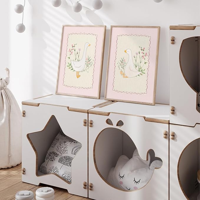 Vintage Nursery Wall Art Silly Goose Canvas Poster Pink Coquette Wall Decor Girls Room Pictures Baby Kids Poster Cute Animal Prints Floral Painting Artwork for Gallery Bedroom 16x24 Inch Unframed