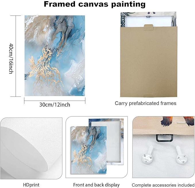 3 Piece Canvas Wall Art, Modern Abstract Blue and Gold Marble Ink Framed Wall Decor for Living Room Bedroom Office, 12x16 Inch, with Hooks and Nails