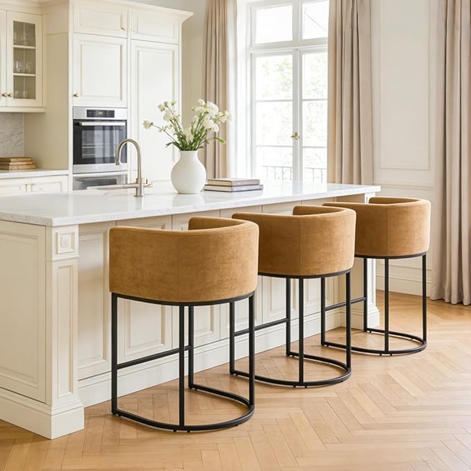 ClinQ 26" H Counter Height Bar Stools Set of 1, Modern Barrel Counter Stools with Backrest and Arms, Black Metal Frames, Chenille Fabric Upholstered Accent Barstools for Kitchen Island, Yellow