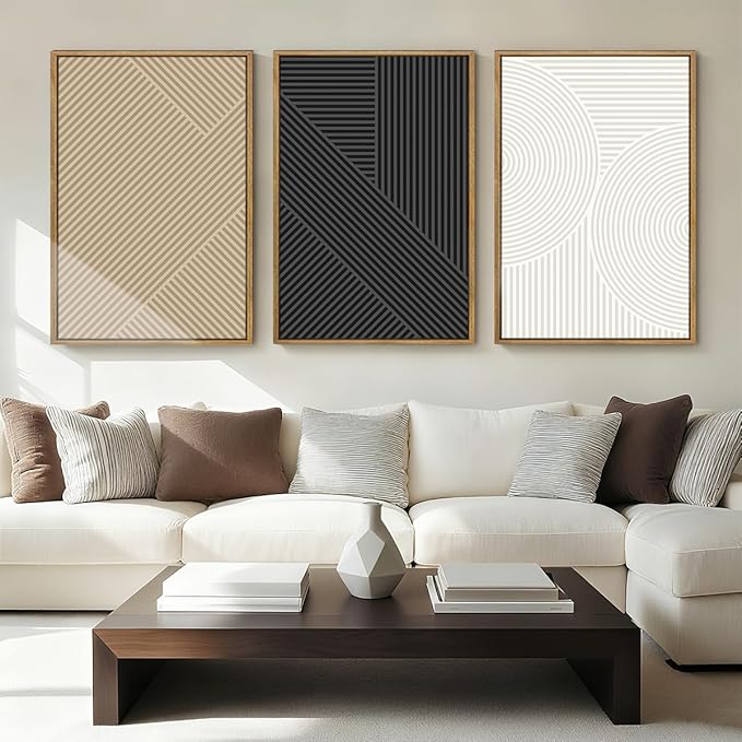 Anyzal Large Framed Black Abstract Wall Art 16x24 Inch Boho Modern Canvas Wall Decor Neutral Minimalist Line Artwork for Living Room Bedroom Dining Room Set of 3