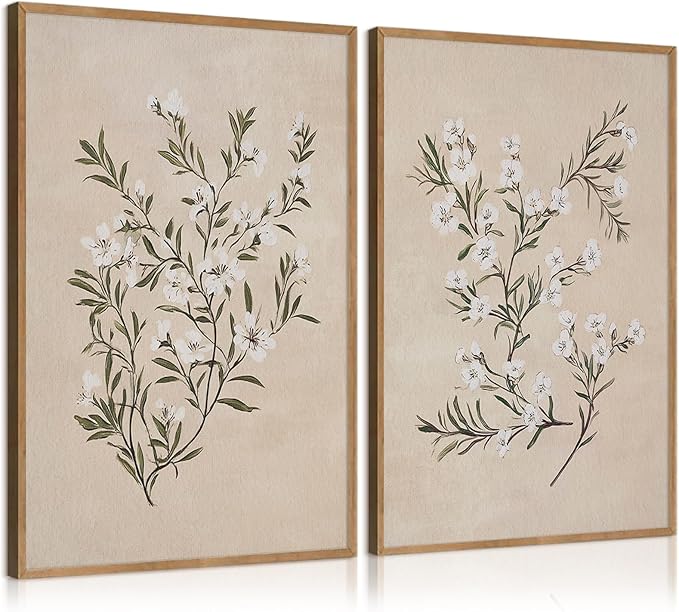 Vintage Botanical Wall Art Neutral Floral Prints Farmhouse Flower Canvas Wall Decor Watercolor Wildflower Pictures Nature Minimalist Artwork for Living Room Bedroom 12x16 Inch Unframed Set of 2