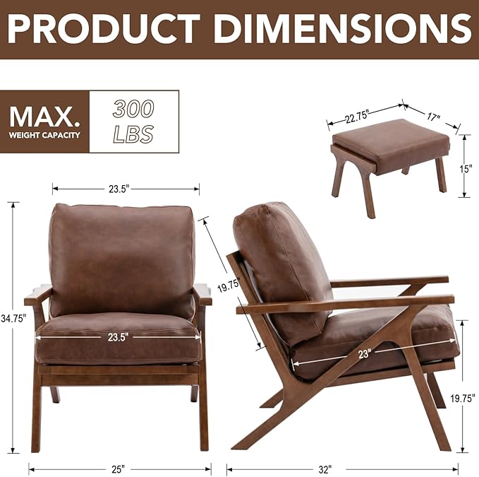 chairus Mid-Century Modern Brown Faux Leather Accent Chair with Ottoman, Comfy Upholstered Lounge Armchair with Removable Cushion & Solid Wood Frame, Retro Reading Chair for Living Room Bedroom Office