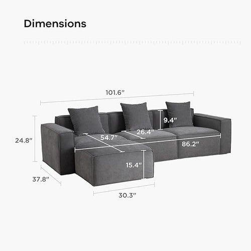 Acanva Luxury Modular Sectional Living Room Sofa Set, Modern Minimalist Style Couch with Ottoman and Chaise, L-Shape, Dark Grey