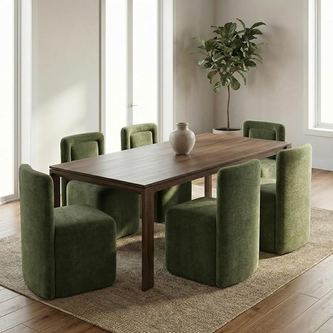 Hyfirm Upholstered Dining Chairs Set of 6, Mid-Century Scandinavian Parsons Armless Chairs with Plush Seat Cushion for Diningroom Bedroom Livingroom Reading Room，Green Fabric