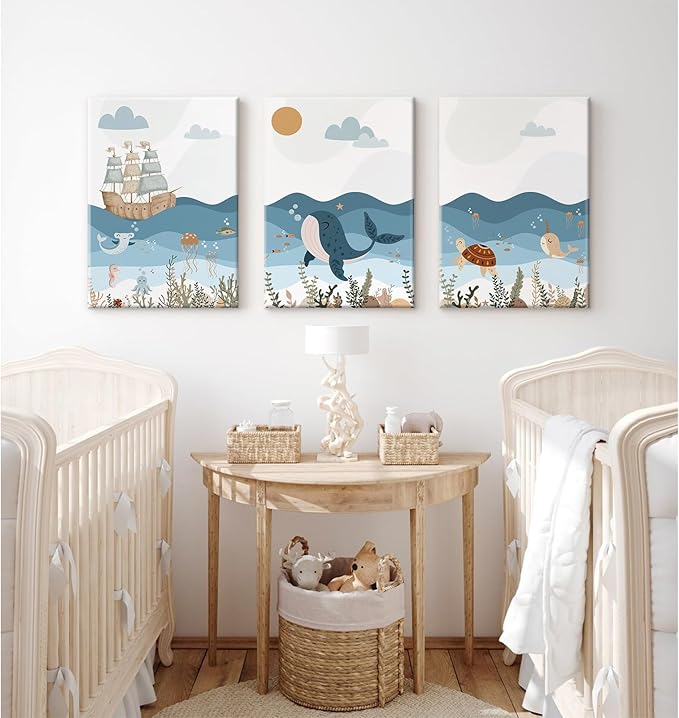 Ocean Nursery Wall Art Pictures Blue Nautical Canvas Art Beach Animal Wall Decor Baby Boys Room Wall Art Sea Whale Prints Ocean Nautical Poster for Nursery Baby Room 12x16 Inch Set of 3 Framed