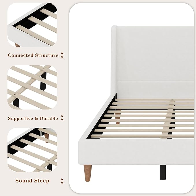 Upholstered Bed Frame King Size, 43" Tall Headboard Wingback Upholstered Platform Beds Bedframe for Kids Teens Adults Bedroom Strong Wood Slats Support No Box Spring Needed, Ivory Boucle