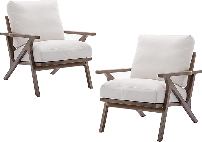 chairus Mid-Century Modern White Linen Accent Chairs Set of 2, Comfy Upholstered Lounge Armchairs with Removable Cushions & Solid Wood Frame, Fabric Reading Chairs for Living Room Bedroom Office