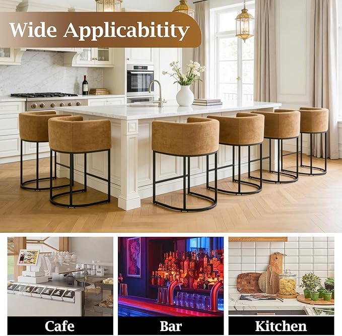 ClinQ 26" H Counter Height Bar Stools Set of 1, Modern Barrel Counter Stools with Backrest and Arms, Black Metal Frames, Chenille Fabric Upholstered Accent Barstools for Kitchen Island, Yellow