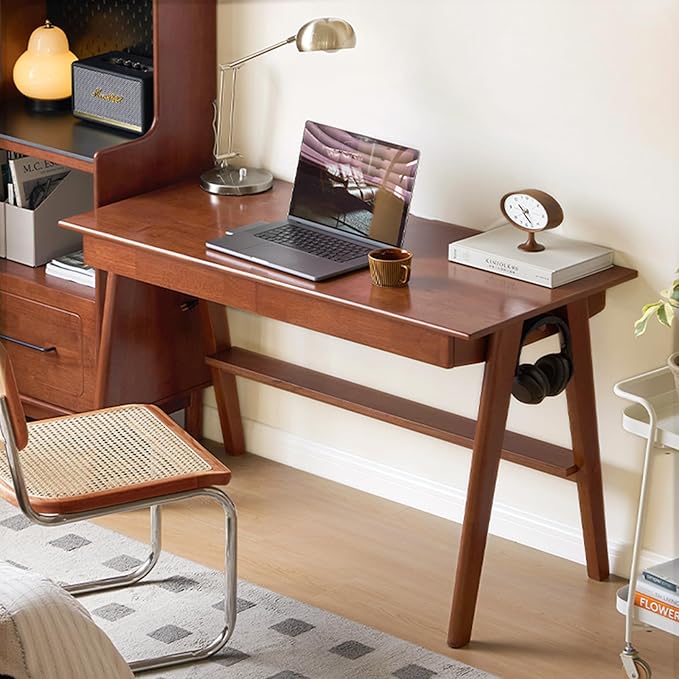 100% Solid Wood Desk Home Office Desk Mid Century Modern Rubberwood Writing Computer Desk with Drawer for Home Office 31" W