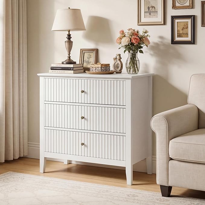 RoyalCraft Large 3 Drawer Dresser Set of 2, Fluted Wood Chest of Drawers with Storage, Modern Painted 30 inch Wide Nightstand for Bedroom Living Room Entryway, White
