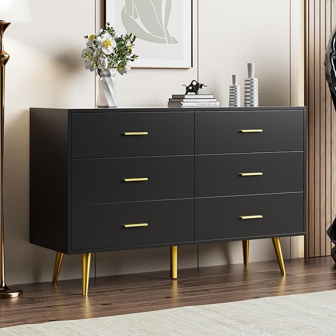 CARPETNAL Black Dresser for Bedroom, 6 Drawer Dresser with Wide Drawers and Gold Metal Handles, Wood Dressers & Chest of Hallway, Entryway.