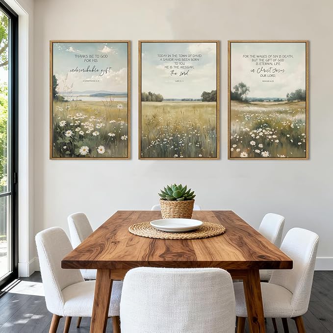 Anyzal Large Christian Framed Wall Art 16x24 Inch Bible Scripture Canvas Wall Decor Easter Farmhouse Wildflower Paintings Set of 3 for Living Room Bedroom Dining Room