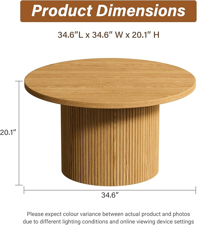 Furniway Round Coffee Table, 35.4" Circle Wide Coffee Table, Wood Table and Center Table for Living Room, Natural