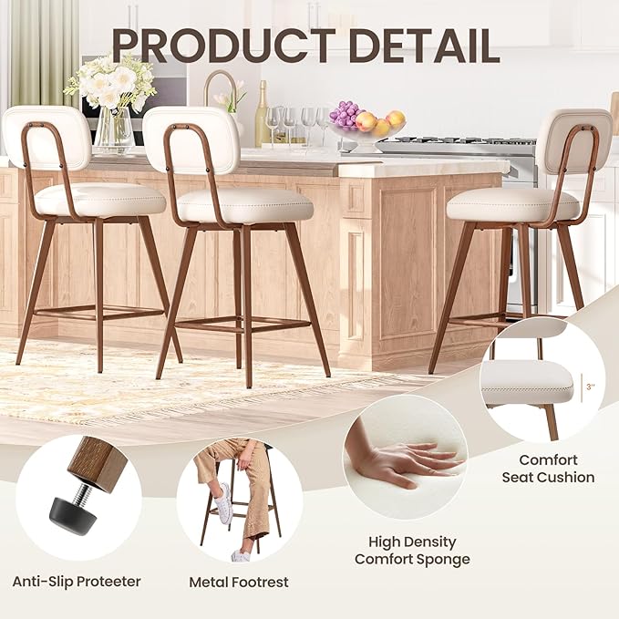 MALOL 26“ Swivel Bar Stools Set of 6, Mid Century PU Leather Counter Height Bar Chairs with Low Back and Metal Legs, Modern Bar Stool Chair for Kitchen Island, Beige