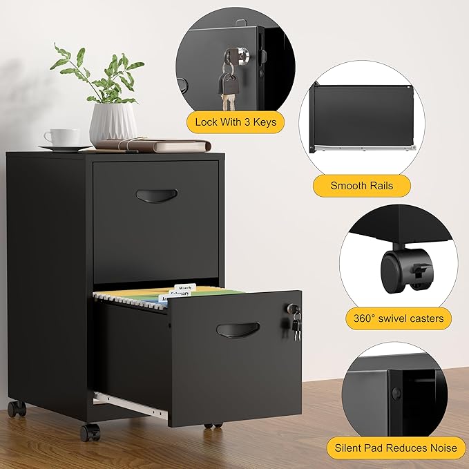 SteeLoong 2 Drawer File Cabinet with Lock，Black Rolling File Cabinet for Home Office, Metal Small Mobile Filing Cabinets on Wheels for Hanging Letter