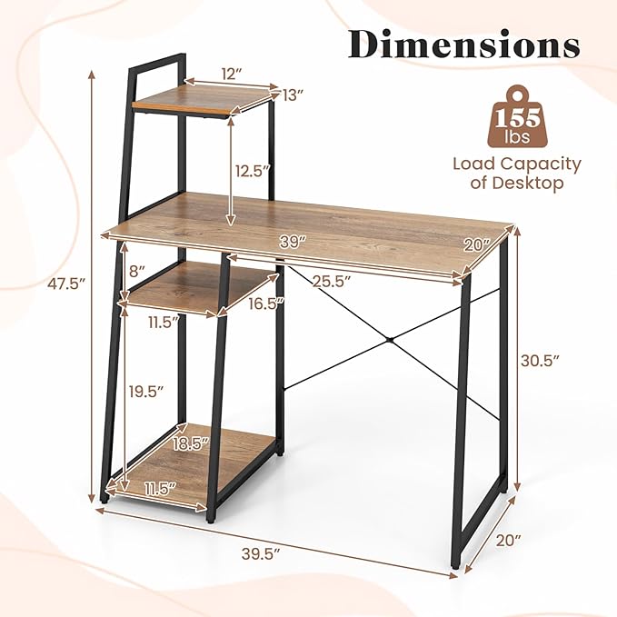 Tangkula Computer Desk with Shelves, Space Saving Home Office Desk with 3-Tier Ladder Shaped Storage Bookshelf, Modern Writing Study Desk with Metal Frame, Compact Computer Workstation (Natural)