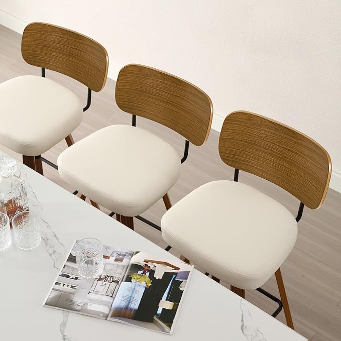 Bekrvio Swivel Counter Height Bar Stools Set of 4, Mid-Century Modern Upholstered Faux Leather Barstools with Wood Back, 26" Seat Height Bar Stools for Kitchen Island, Cream Seat and Walnut Frame