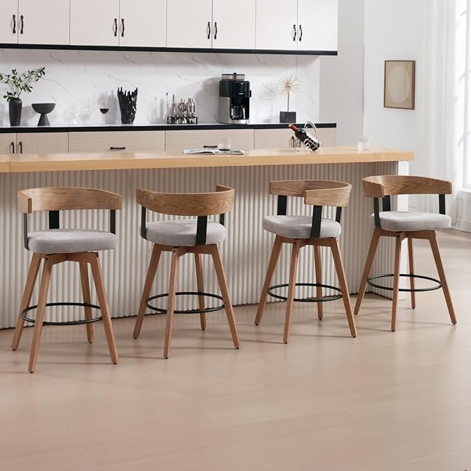 DUOMAY Modern Grey Linen Upholstered 360-Degree Swivel Bar Stool Set of 3 - 26" Counter Height with Footrest & Backrest - Ideal for Kitchen Island & Home Bar
