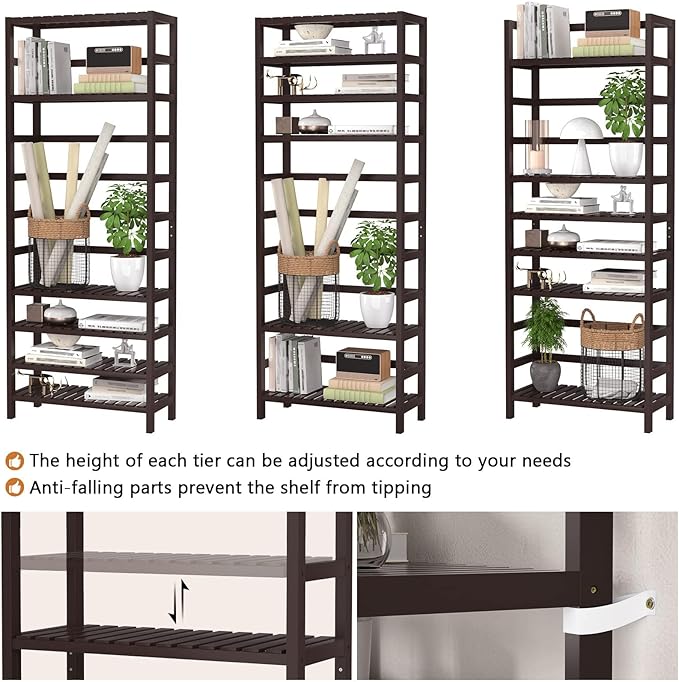 Homykic 6-Tier Bamboo Bookshelves and Bookcases, Adjustable 63.4”Tall Shallow Book Shelf Organizer Rack, Freestanding Storage Shelving Unit for Living Room, Kitchen, Bathroom, Office, Espresso