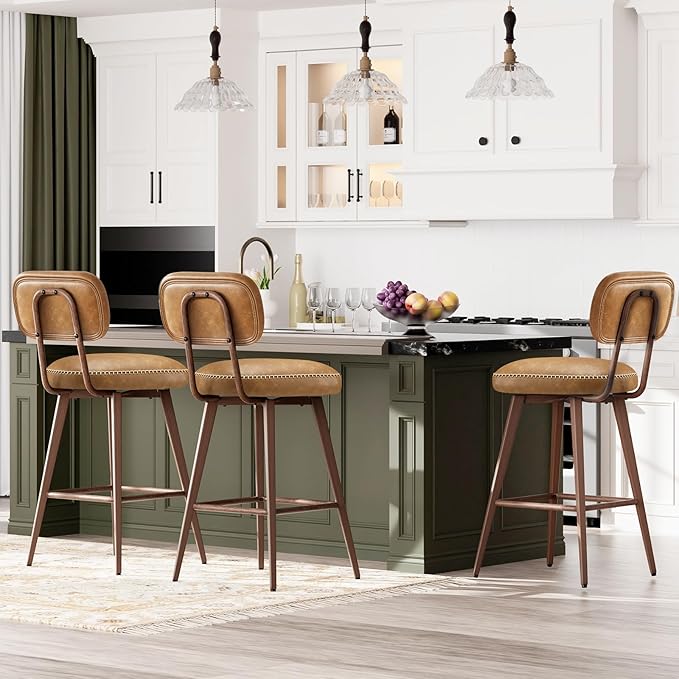 MALOL 26“ Swivel Bar Stools Set of 4, Mid Century PU Leather Counter Height Bar Chairs with Low Back and Metal Legs, Modern Bar Stool Chair for Kitchen Island, Brown