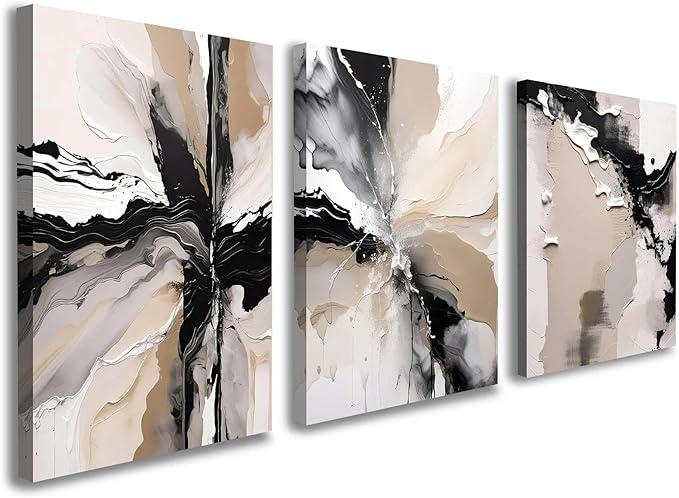 3 Piece Wall Art Framed Canvas Wall Art Modern Abstract Neutral Black White Beige Paint Splash Pictures Wall Decor for Living Room Bedroom Office Wal Decor Room Decor with Hooks and Nails 12x16 Inch