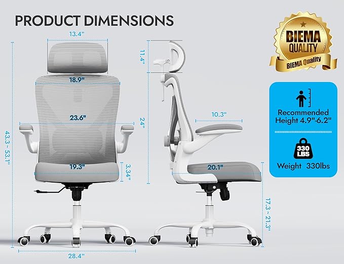 Ergalithic Ergonomic Office Chair - Computer Desk Chairs Comfy, Mesh High-Back Gaming Chair with Adjustable Lumbar Support, Executive Task Chair for Adults, Comfortable for Long Hours (Grey Silver)