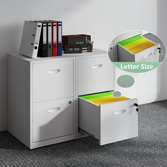 Polup 2 Drawer File Cabinet with Lock, White Filing Cabinets for Home Office, Metal Locking File Cabinet with Two Drawers, Light Duty File Storage Cabinet for Letter Size - Assembly Required