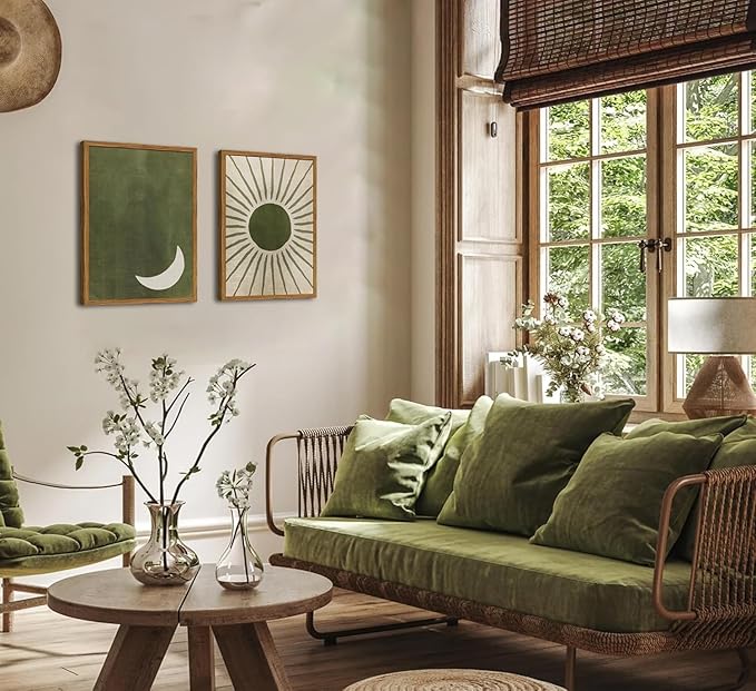 Framed Boho Sun and Moon Canvas Wall Art Set of 2, Vintage Sage Green Bohemian Pictures Wall Decor, Mid Century Modern Abstract Minimalist Paintings Prints for Living Room Bedroom Office 16x24 inch