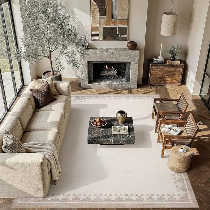 GarveeHome 9x12 Large Beige Area Rugs Cross Bordered Washable Low Pile Indoor Carpet Perfect for Living Room Home Office Bedroom Modern Non Slip Soft Dining Room Farmhouse Rug, Light Camel/Seashell