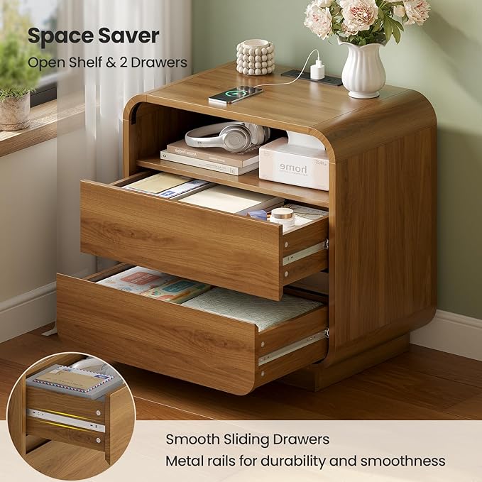 HAUOMS 25" Tall Modern Nightstand with Charging Station, 23.6" Wide Wood Bedside Table w/2 Storage Drawers, Curved Profile Design, Large Mid Century End Table for Bedroom, Living Room, Walnut
