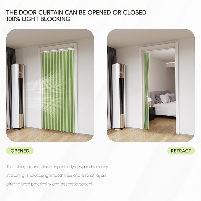 Jilron Accordian Door Curtain, 100% Blackout Folding Magnetic Doorway Curtains,Linen Style Closet Doors,for Room Divider,Privacy Protection（W52 x L78,Green,1 Panel）