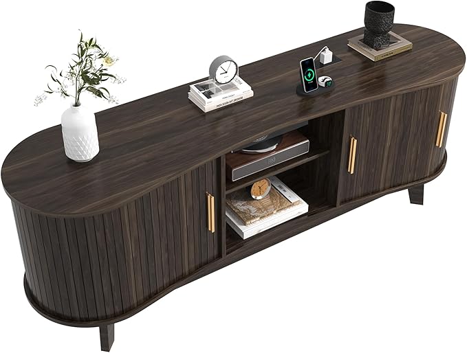 Mid Century Modern TV Stand, Fluted TV Stands with Open Shelves and Sliding Door for 65 Inch TVs, Media Cabinet with Power Outlet, Entertainment Center with Storage for Living Room, Walnut