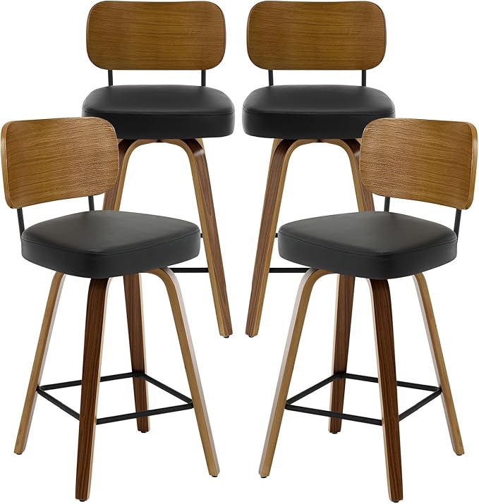 Bekrvio Swivel Counter Height Bar Stools Set of 4, Mid-Century Modern Upholstered Faux Leather Barstools with Wood Back, 26" Seat Height Bar Stools for Kitchen Island, Black Seat and Walnut Frame