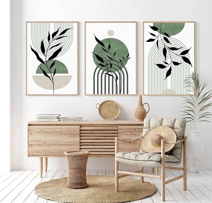 Mid Century Modern Wall Art Set of 3 Sage Green Canvas Wall Art Boho Prints Green Wall Decor Black Beige Abstract Wall Art Picture Mid Century Painting for Living Room Bedroom 16x24 Inch UNFRAMED