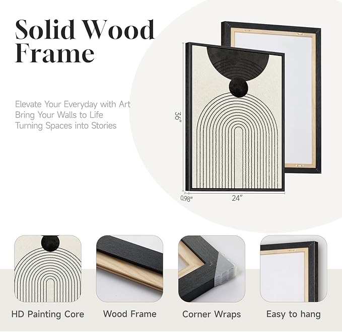 Large Framed Boho Abstract Wall Art for Living Room, 3 Piece Black and White Modern Minimalist Canvas Artwork for Walls, Bauhaus Geometric Prints Wall Decor for Bedroom Dining Room Office, 24x36 Inch