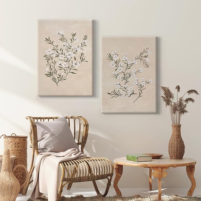 Vintage Botanical Wall Art Neutral Floral Prints Farmhouse Flower Canvas Wall Decor Watercolor Wildflower Pictures Nature Minimalist Artwork for Living Room Bedroom 12x16 Inch Wrapped Canvas Set of 2