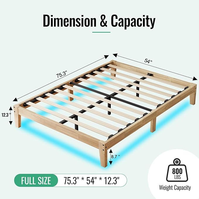 Full Size Solid Wood Platform Bed with Led Light - Noise-Free Design with Metal and Wood Slat Support, No Box Spring Needed, Easy Assembly, Natural Wood Finish